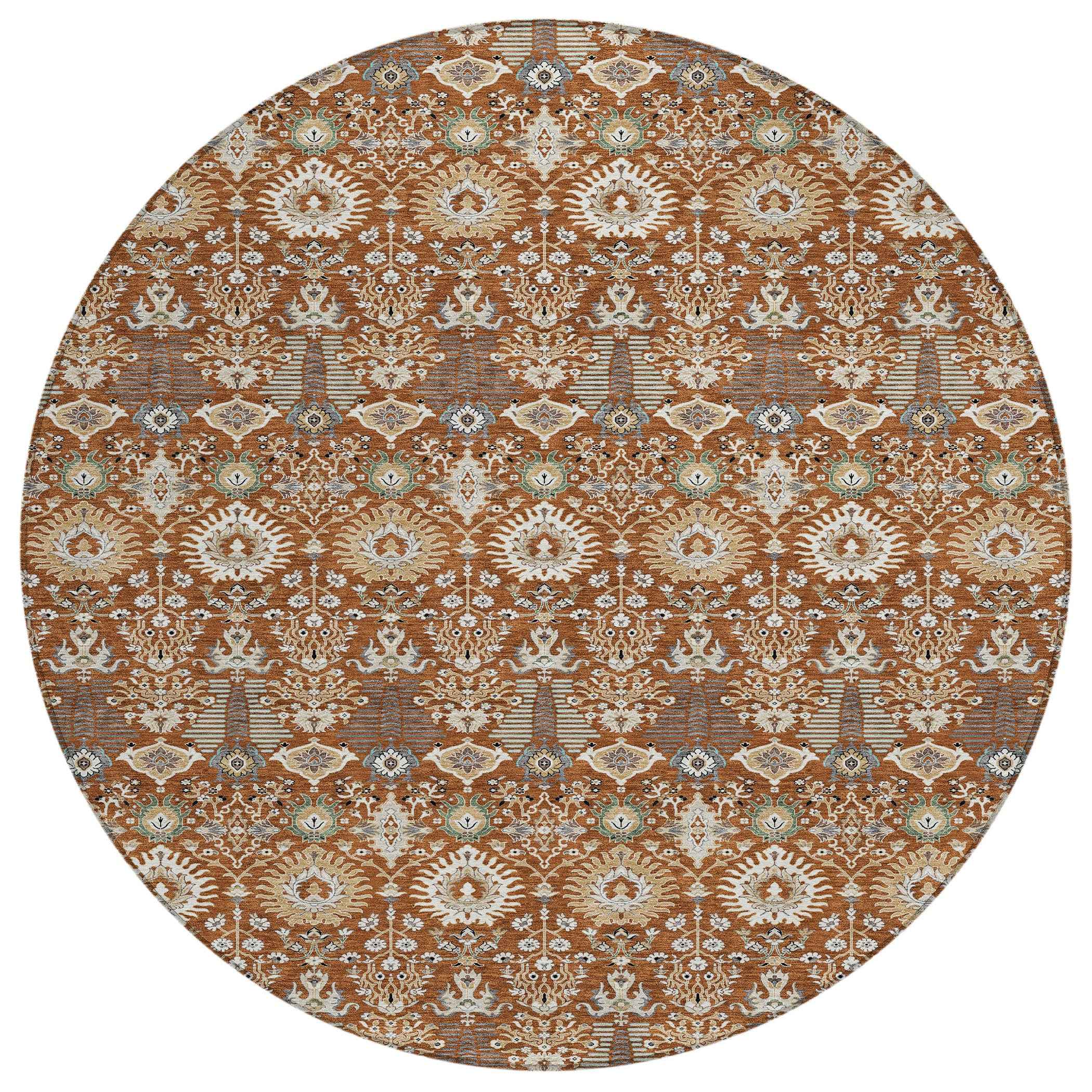 8' Rust And Ivory Round Floral Washable Indoor Outdoor Area Rug