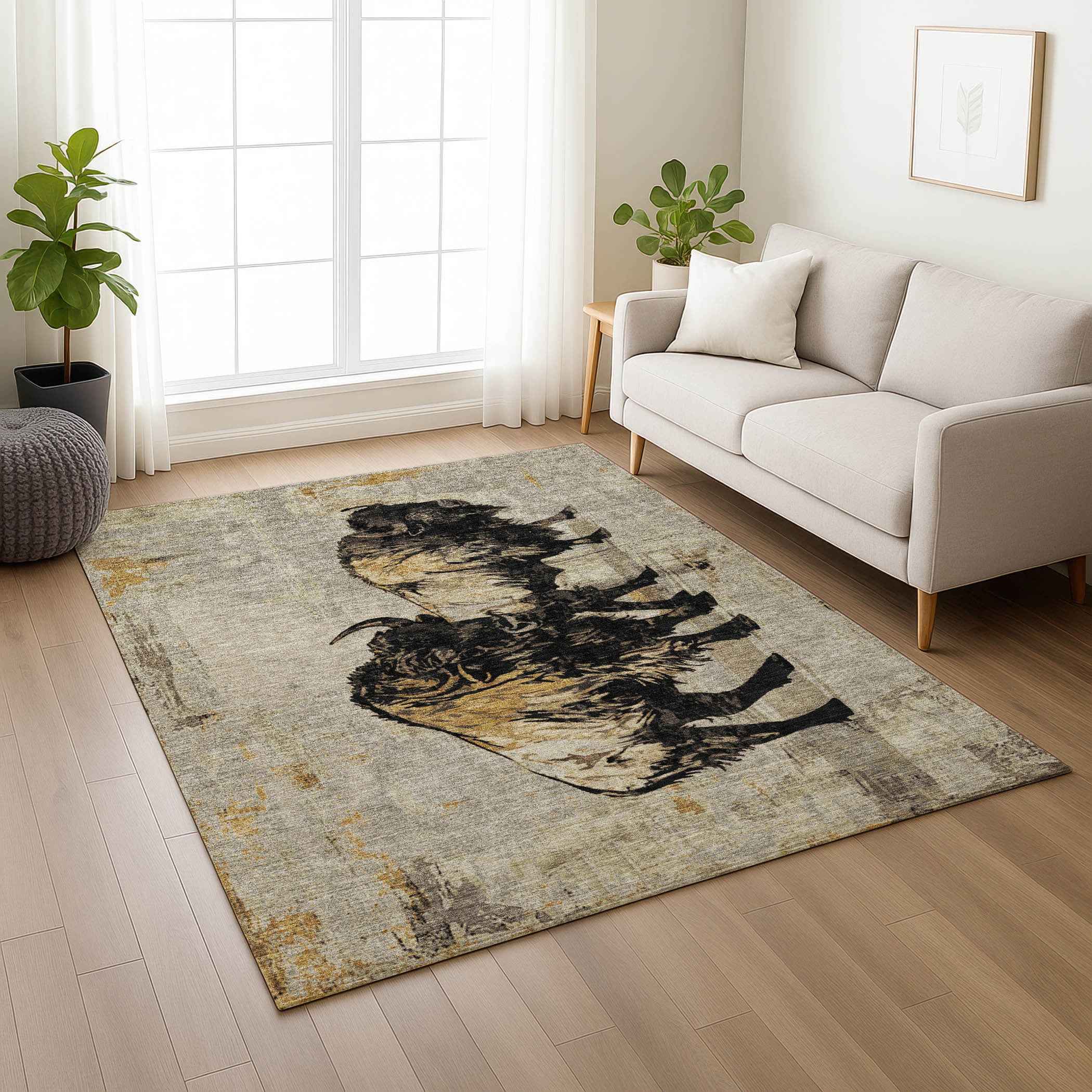 3' X 5' Khaki Black And Ivory Animal Print Washable Indoor Outdoor Area Rug