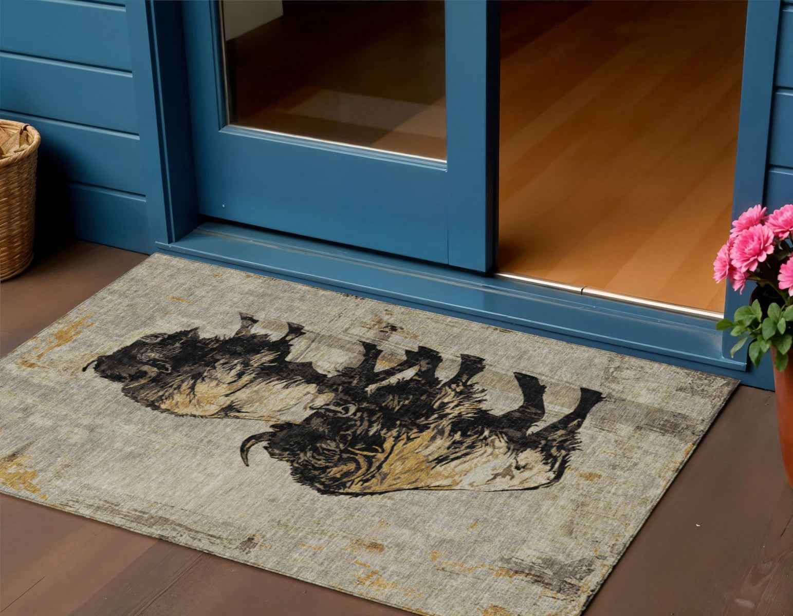 3' X 5' Khaki Black And Ivory Animal Print Washable Indoor Outdoor Area Rug