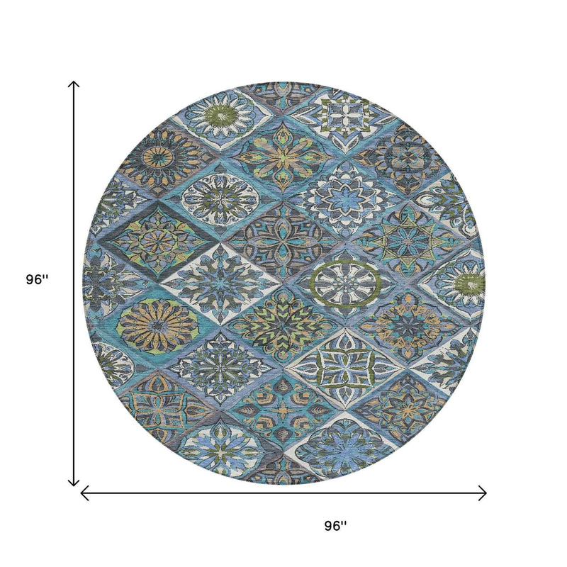 8' Denim Blue And Green Round Patchwork Washable Indoor Outdoor Area Rug