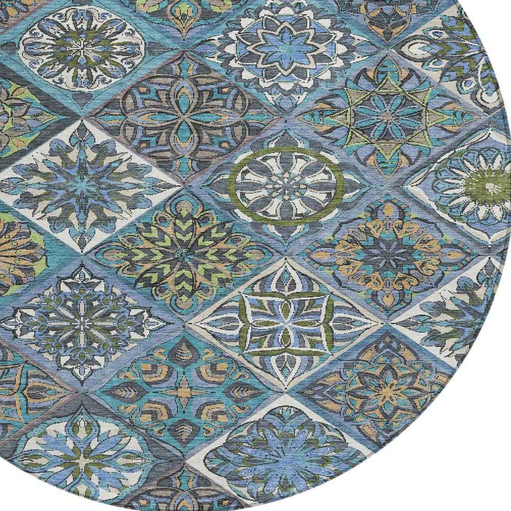 8' Denim Blue And Green Round Patchwork Washable Indoor Outdoor Area Rug