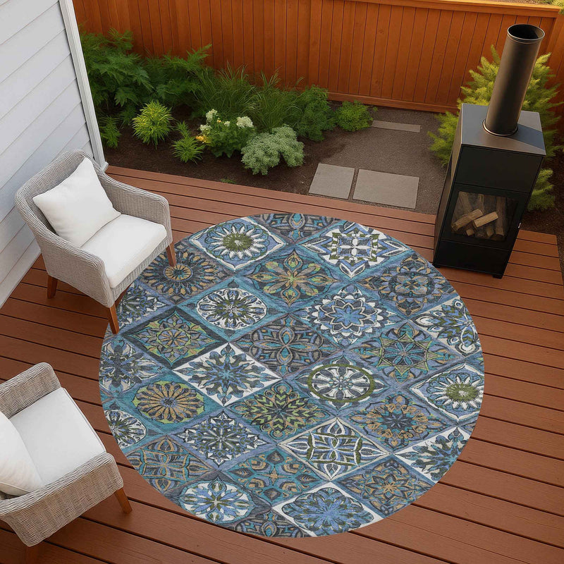 8' Denim Blue And Green Round Patchwork Washable Indoor Outdoor Area Rug