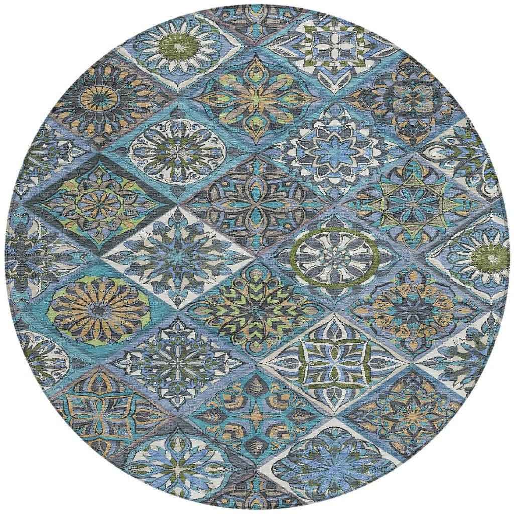 8' Denim Blue And Green Round Patchwork Washable Indoor Outdoor Area Rug