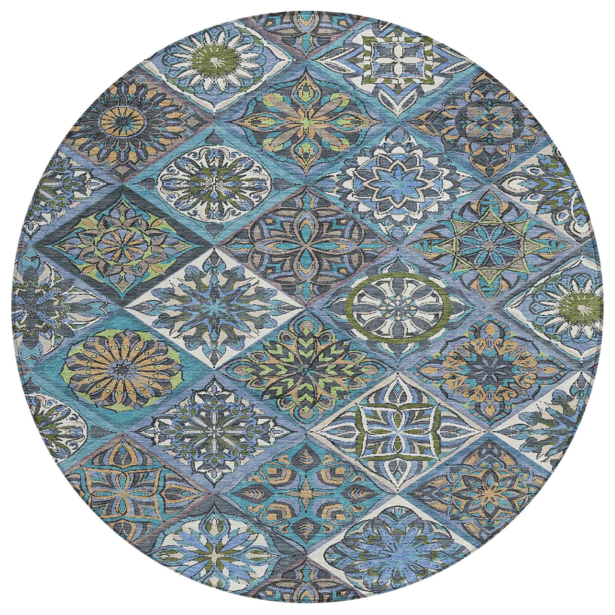 8' Denim Blue And Green Round Patchwork Washable Indoor Outdoor Area Rug