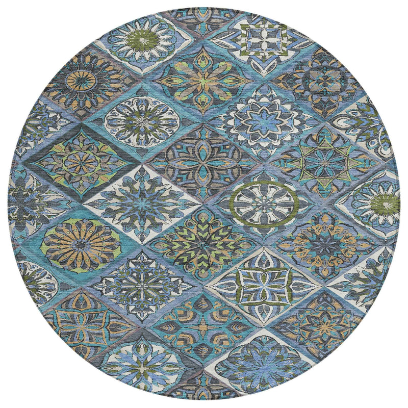 8' Denim Blue And Green Round Patchwork Washable Indoor Outdoor Area Rug