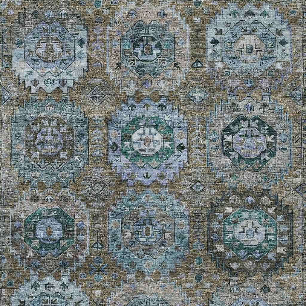 10' X 14' Brown Gray And Teal Blue Medallion Washable Indoor Outdoor Area Rug