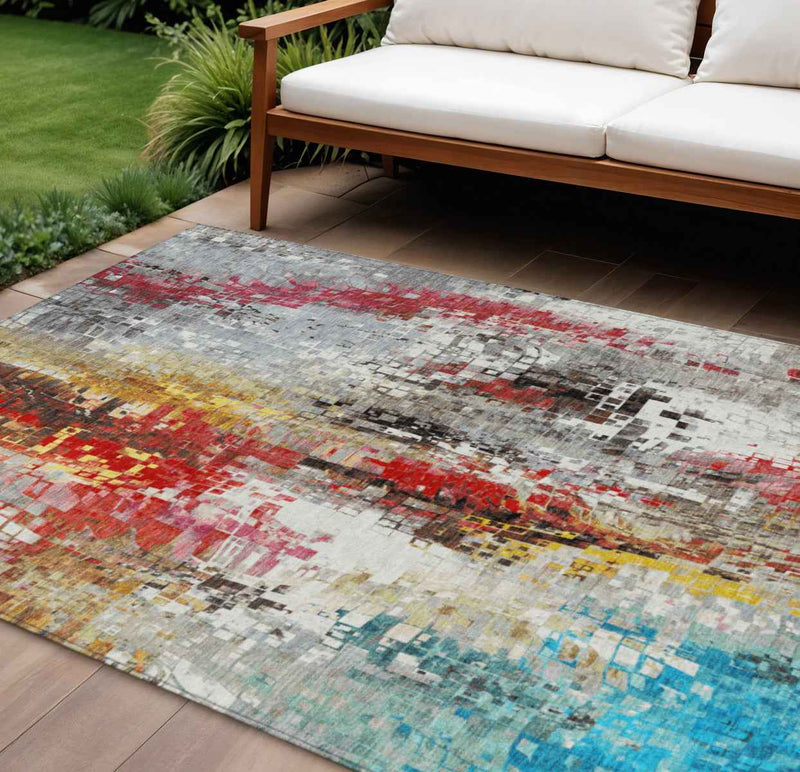 8' X 10' Silver Red Teal Blue And Ivory Abstract Washable Indoor Outdoor Area Rug