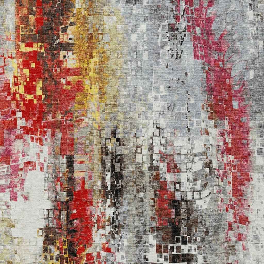 8' X 10' Silver Red Teal Blue And Ivory Abstract Washable Indoor Outdoor Area Rug