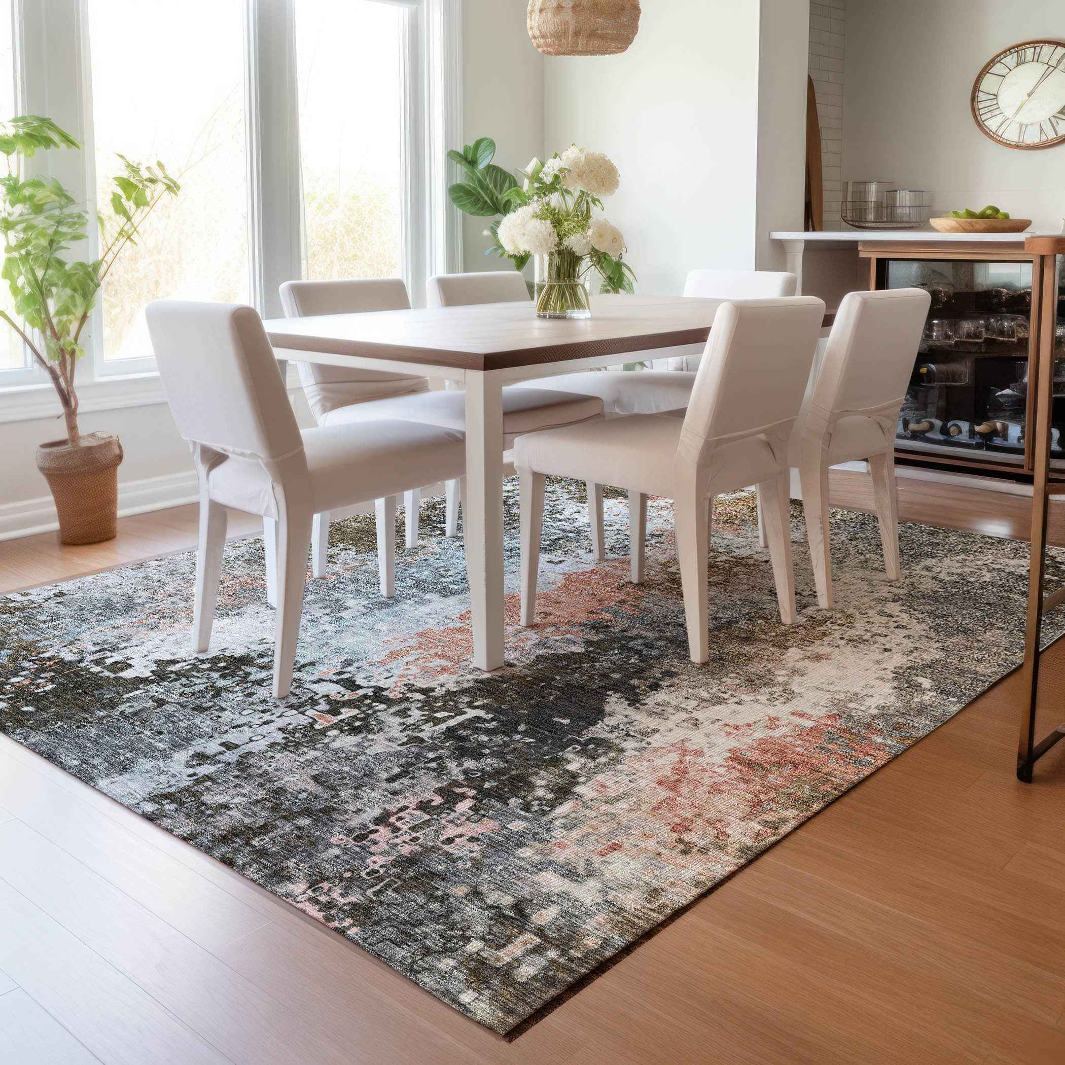 10' X 14' Granite Gray Ivory And Coral Abstract Washable Indoor Outdoor Area Rug