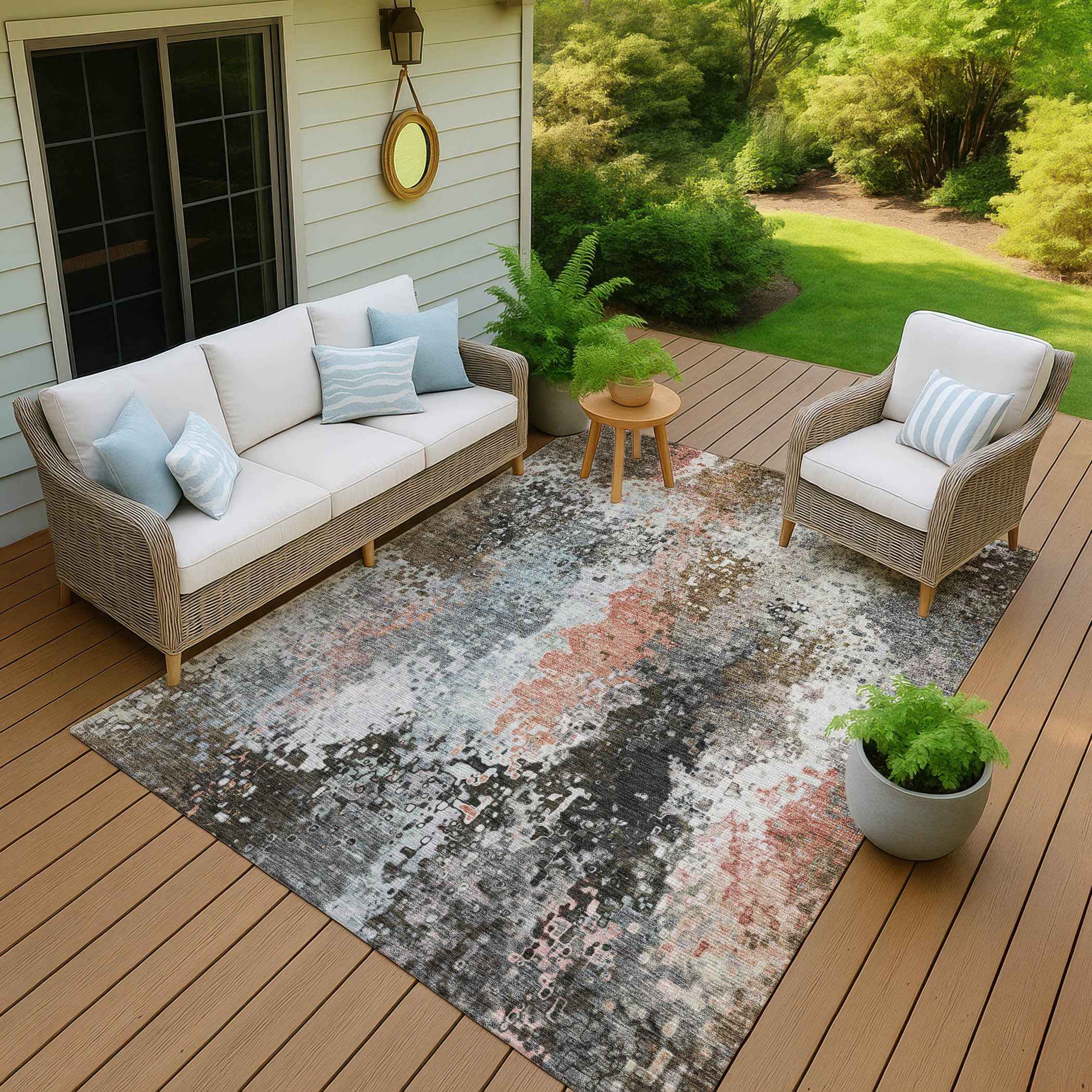 10' X 14' Granite Gray Ivory And Coral Abstract Washable Indoor Outdoor Area Rug