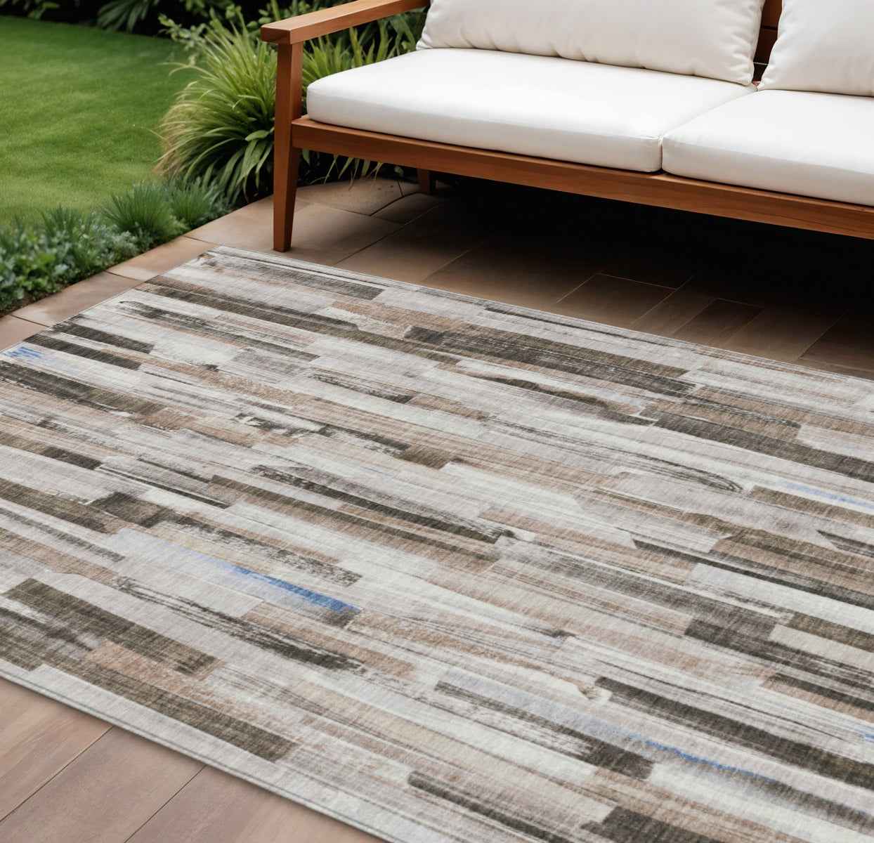 9' X 12' Khaki And Ivory Striped Washable Indoor Outdoor Area Rug
