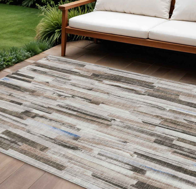 9' X 12' Khaki And Ivory Striped Washable Indoor Outdoor Area Rug