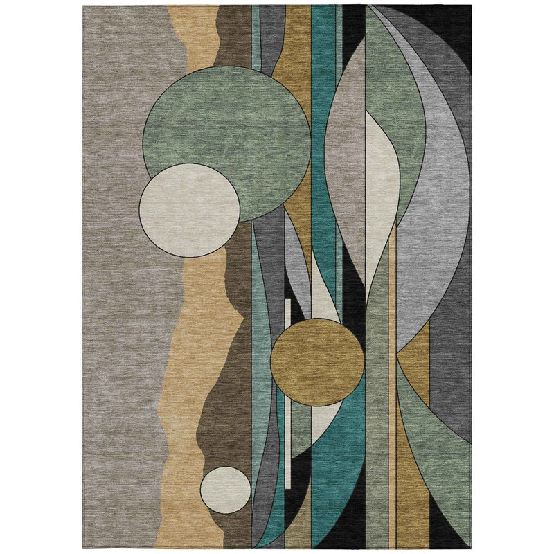 10' X 14' Taupe Ivory And Gold Geometric Washable Indoor Outdoor Area Rug