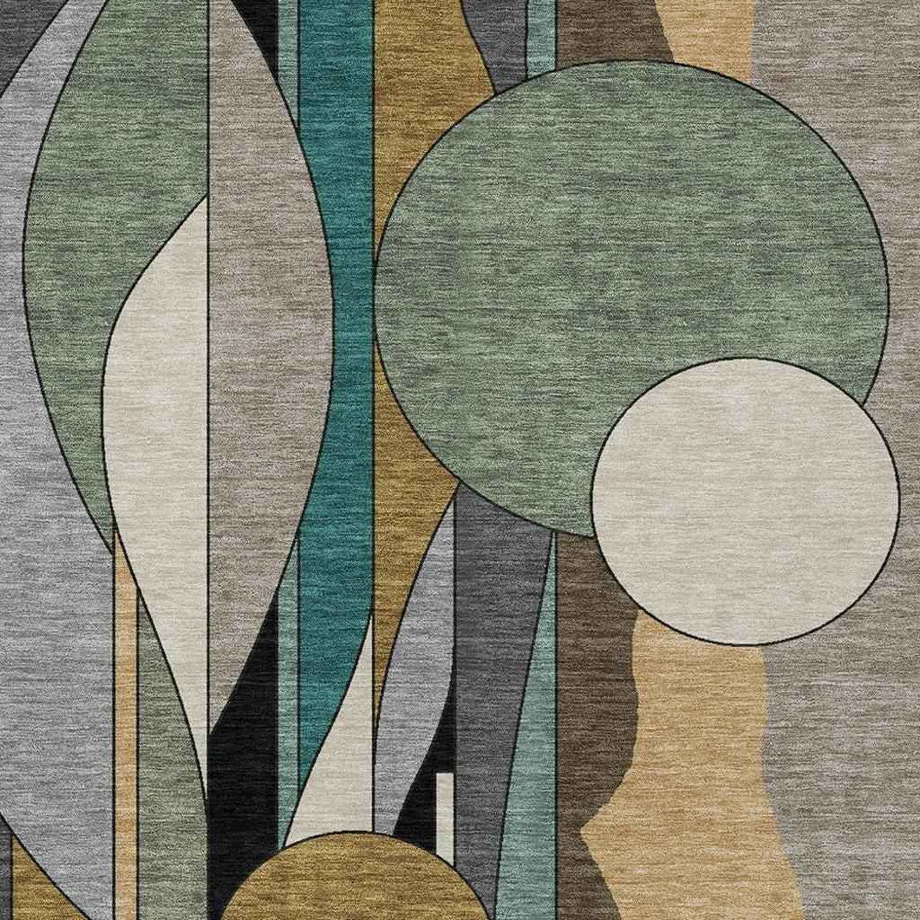 10' X 14' Taupe Ivory And Gold Geometric Washable Indoor Outdoor Area Rug