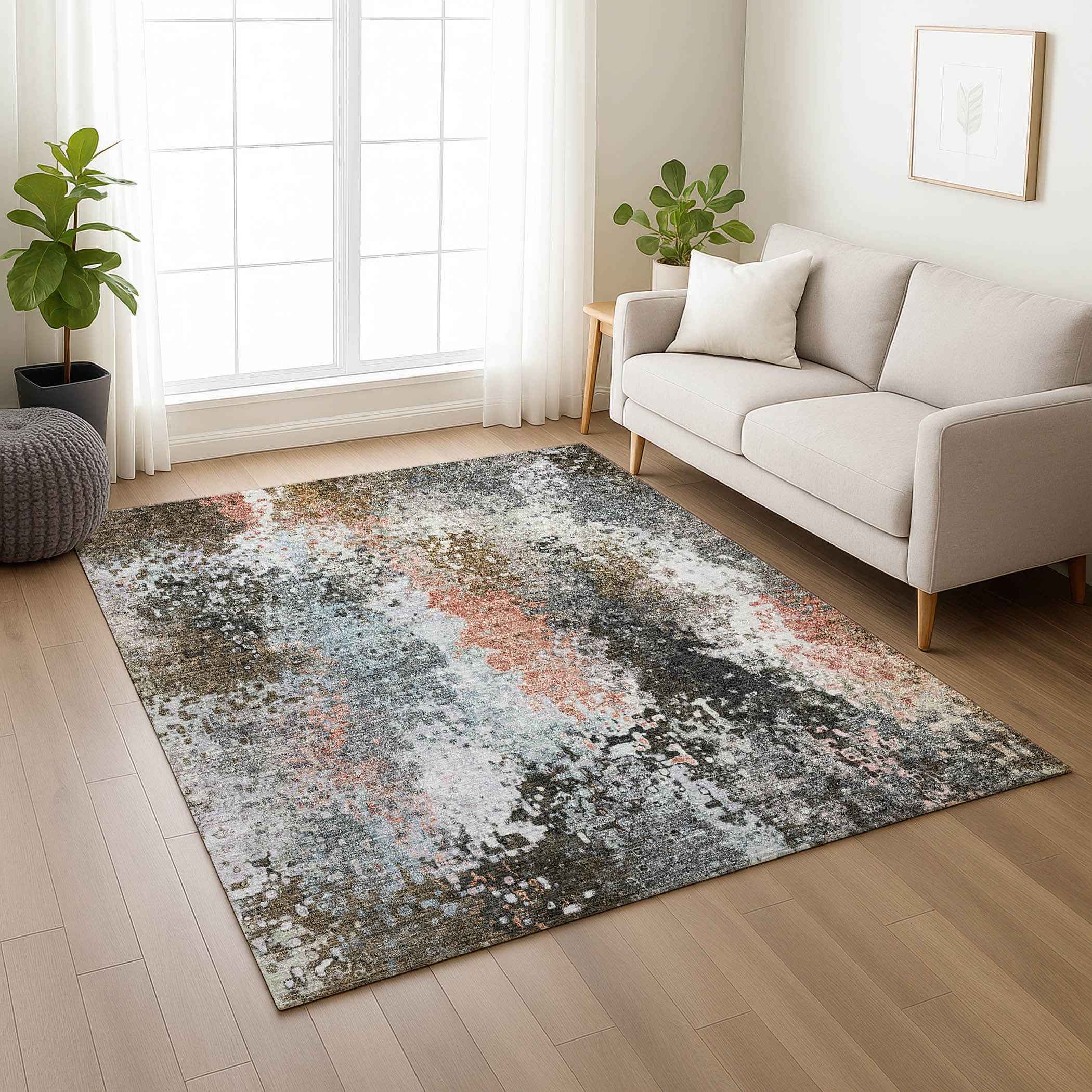 9' X 12' Granite Gray Ivory And Coral Abstract Washable Indoor Outdoor Area Rug