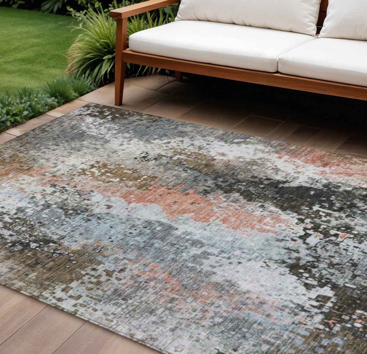 9' X 12' Granite Gray Ivory And Coral Abstract Washable Indoor Outdoor Area Rug