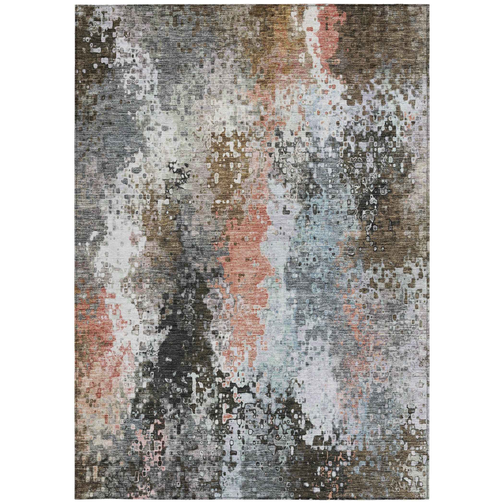 9' X 12' Granite Gray Ivory And Coral Abstract Washable Indoor Outdoor Area Rug