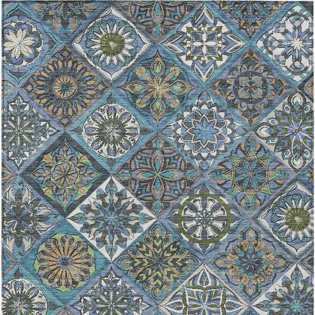 8' X 10' Denim Blue And Green Patchwork Washable Indoor Outdoor Area Rug
