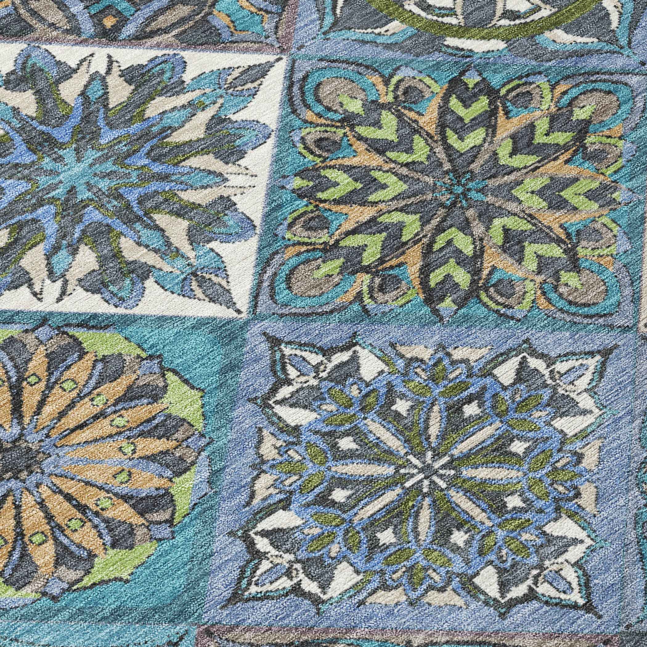 8' X 10' Denim Blue And Green Patchwork Washable Indoor Outdoor Area Rug