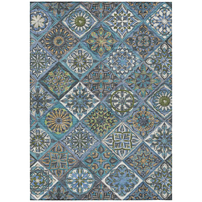 8' X 10' Denim Blue And Green Patchwork Washable Indoor Outdoor Area Rug