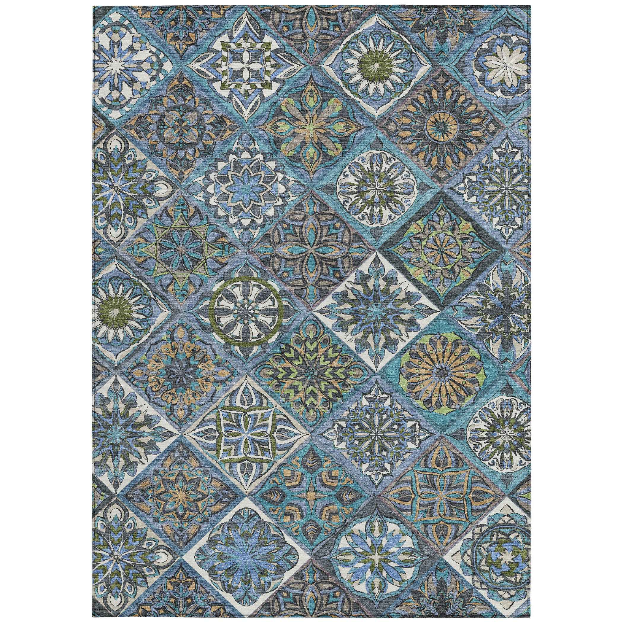 8' X 10' Denim Blue And Green Patchwork Washable Indoor Outdoor Area Rug