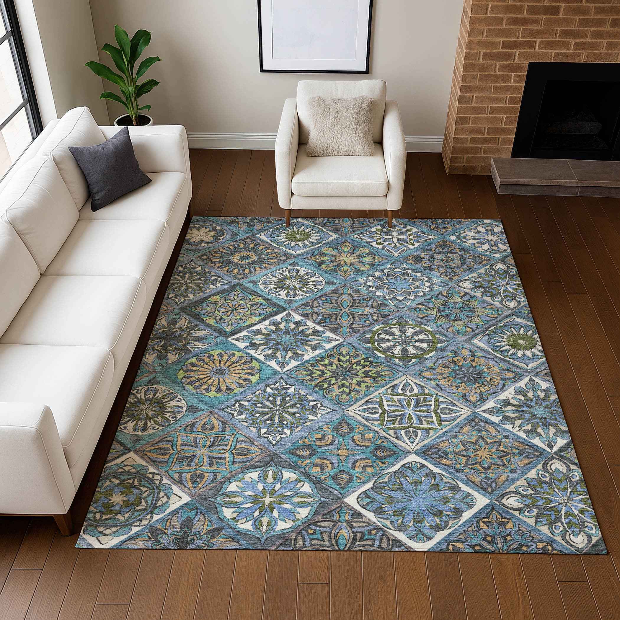 8' X 10' Denim Blue And Green Patchwork Washable Indoor Outdoor Area Rug