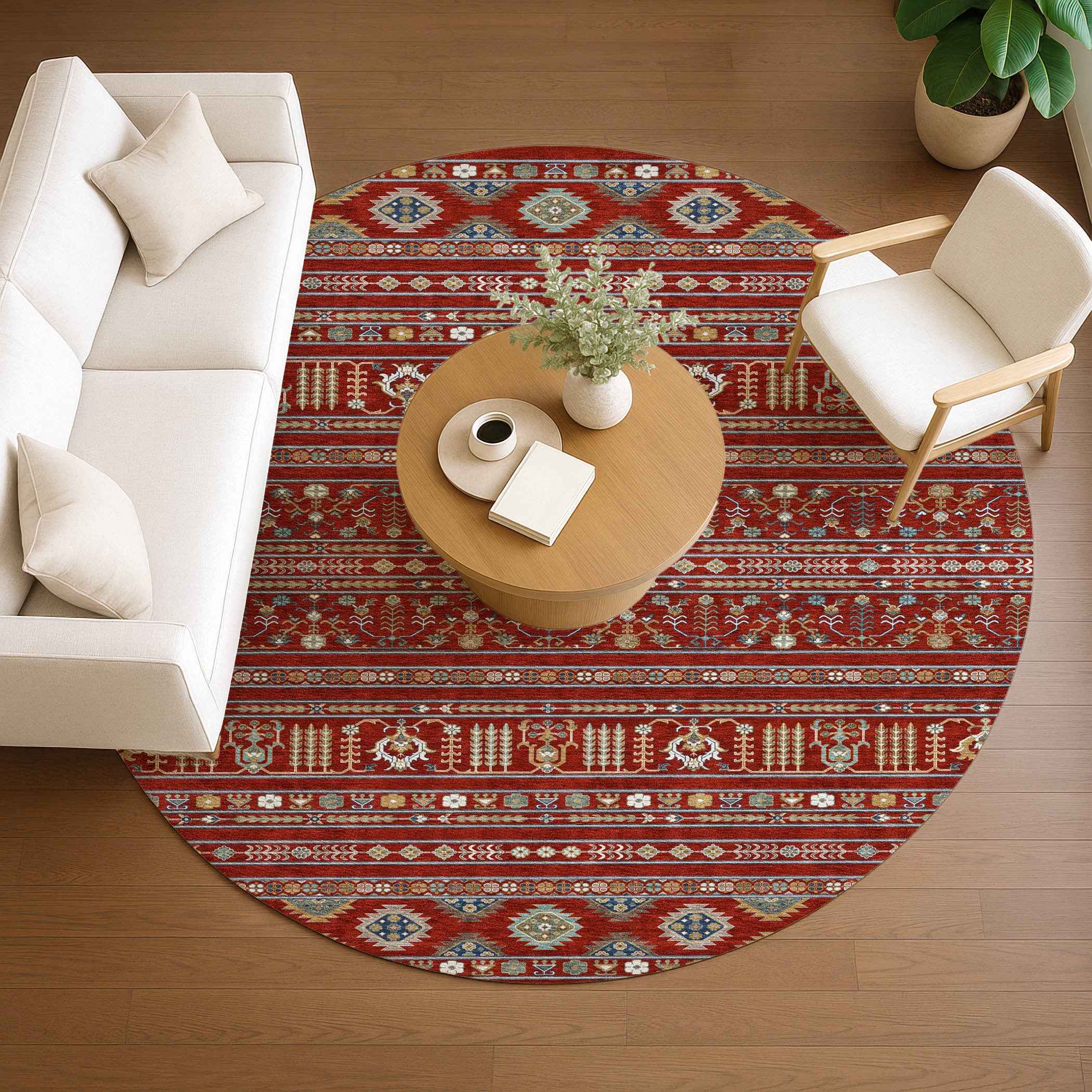 8' Red Gold And Blue Round Tribal Washable Indoor Outdoor Area Rug