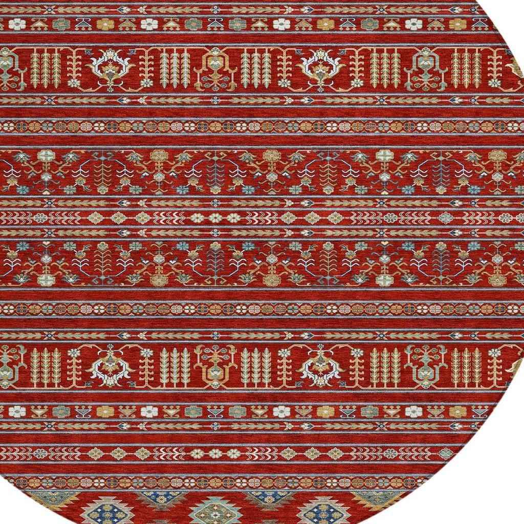 8' Red Gold And Blue Round Tribal Washable Indoor Outdoor Area Rug