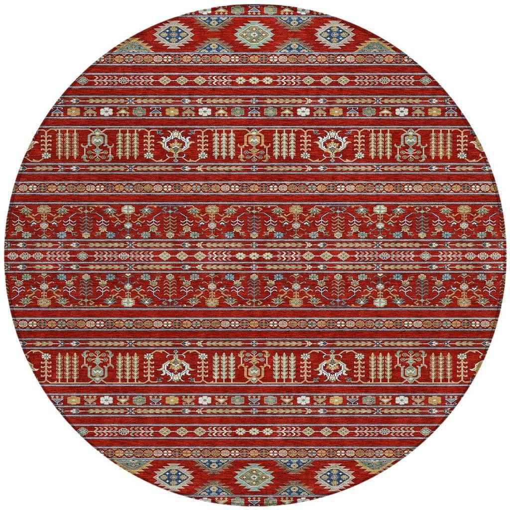 8' Red Gold And Blue Round Tribal Washable Indoor Outdoor Area Rug