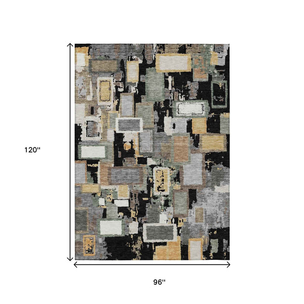 8' X 10' Black Gold And Ivory Geometric Washable Indoor Outdoor Area Rug Default Title