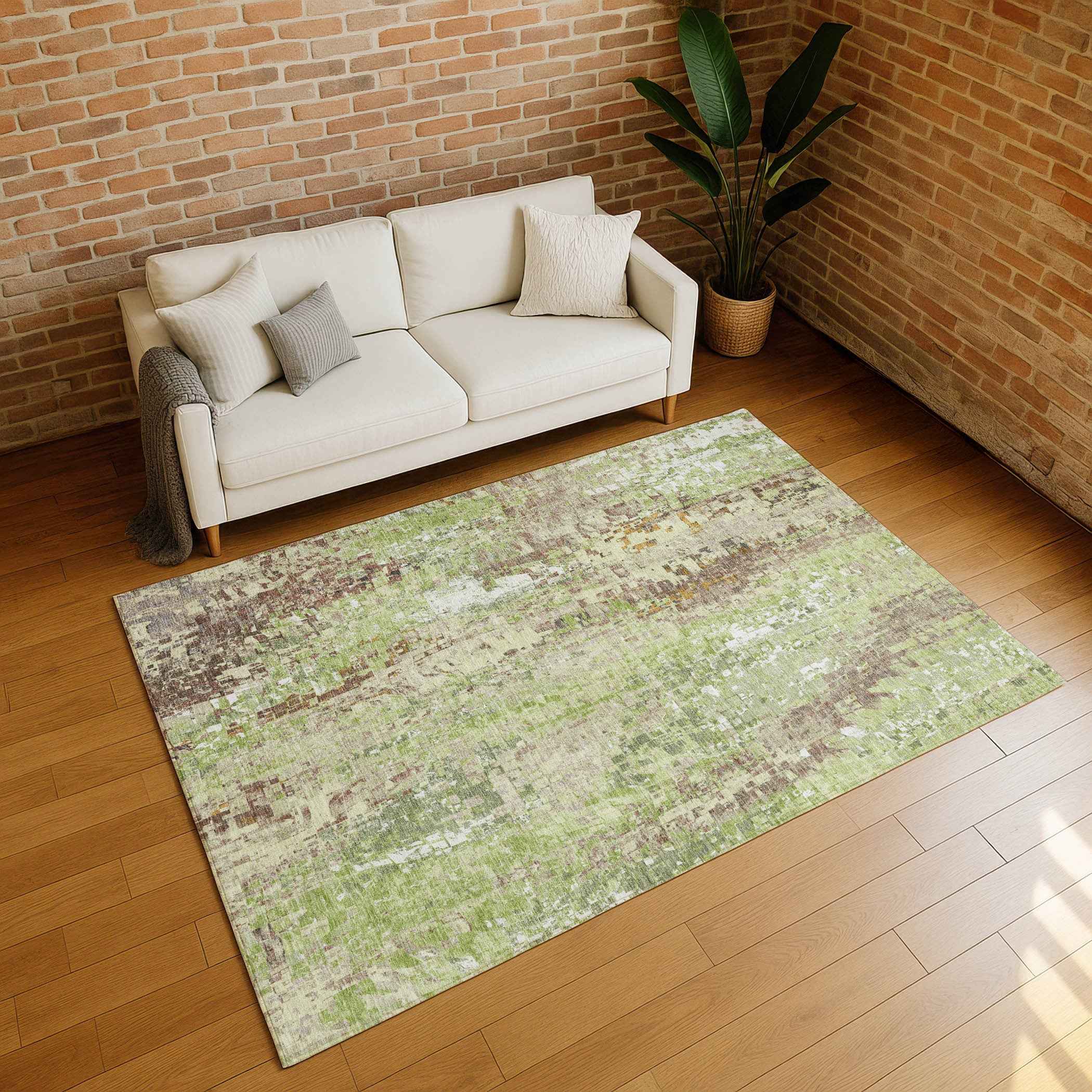 8' X 10' Green Tan And Ivory Abstract Washable Indoor Outdoor Area Rug