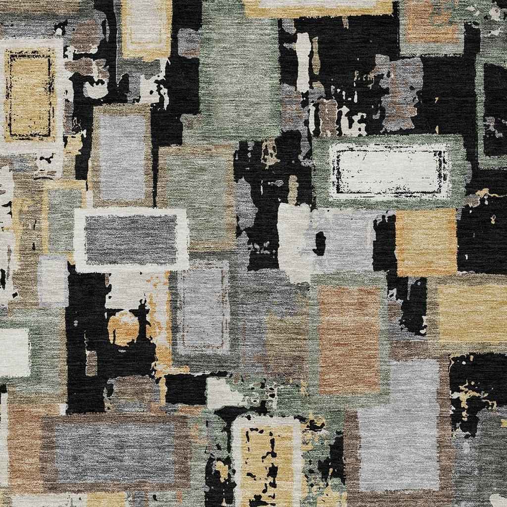 8' X 10' Black Gold And Ivory Geometric Washable Indoor Outdoor Area Rug