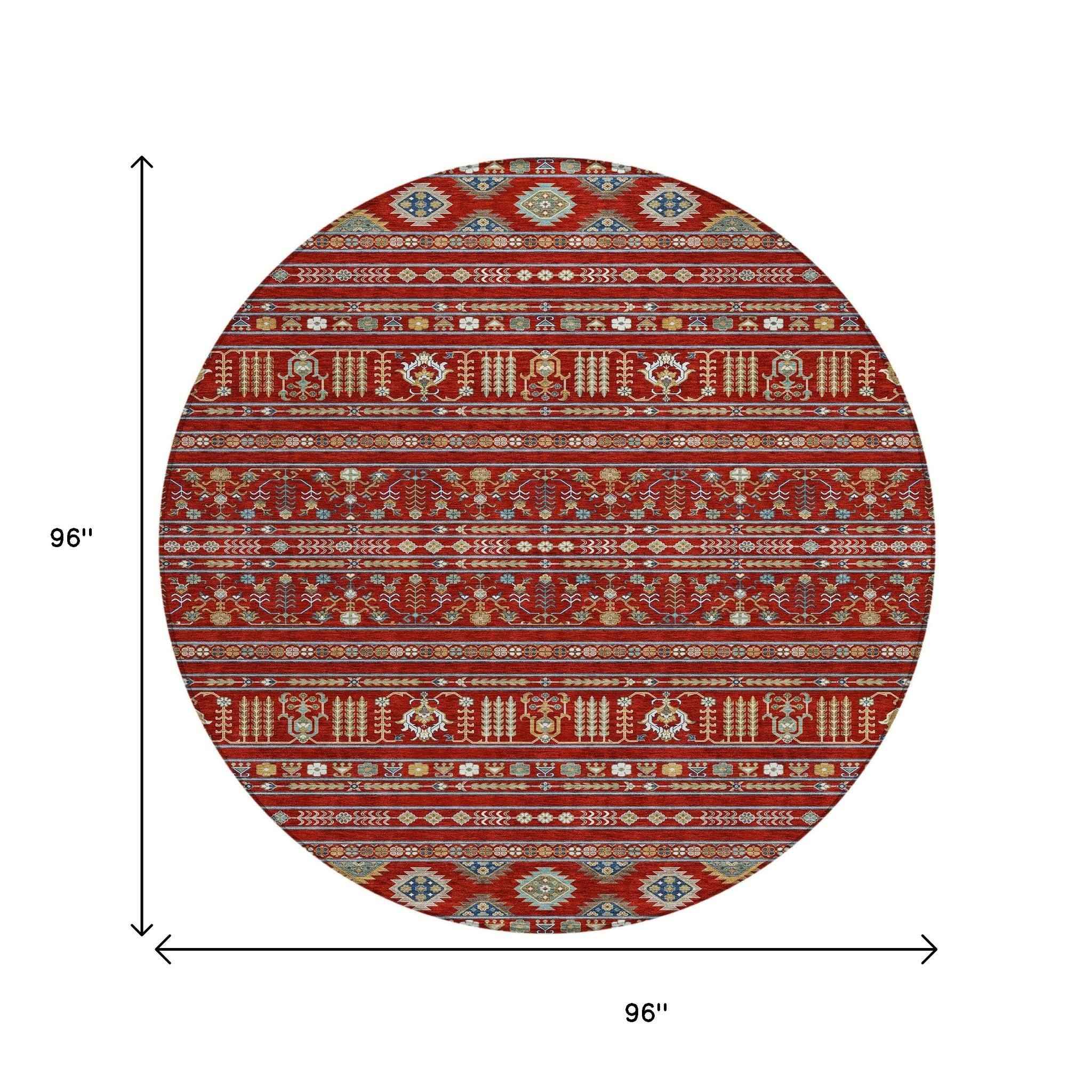 8' Red Gold And Blue Round Tribal Washable Indoor Outdoor Area Rug