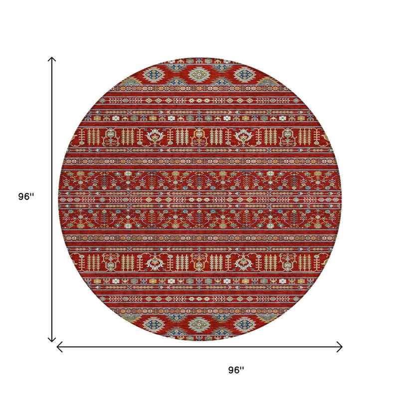 8' Red Gold And Blue Round Tribal Washable Indoor Outdoor Area Rug