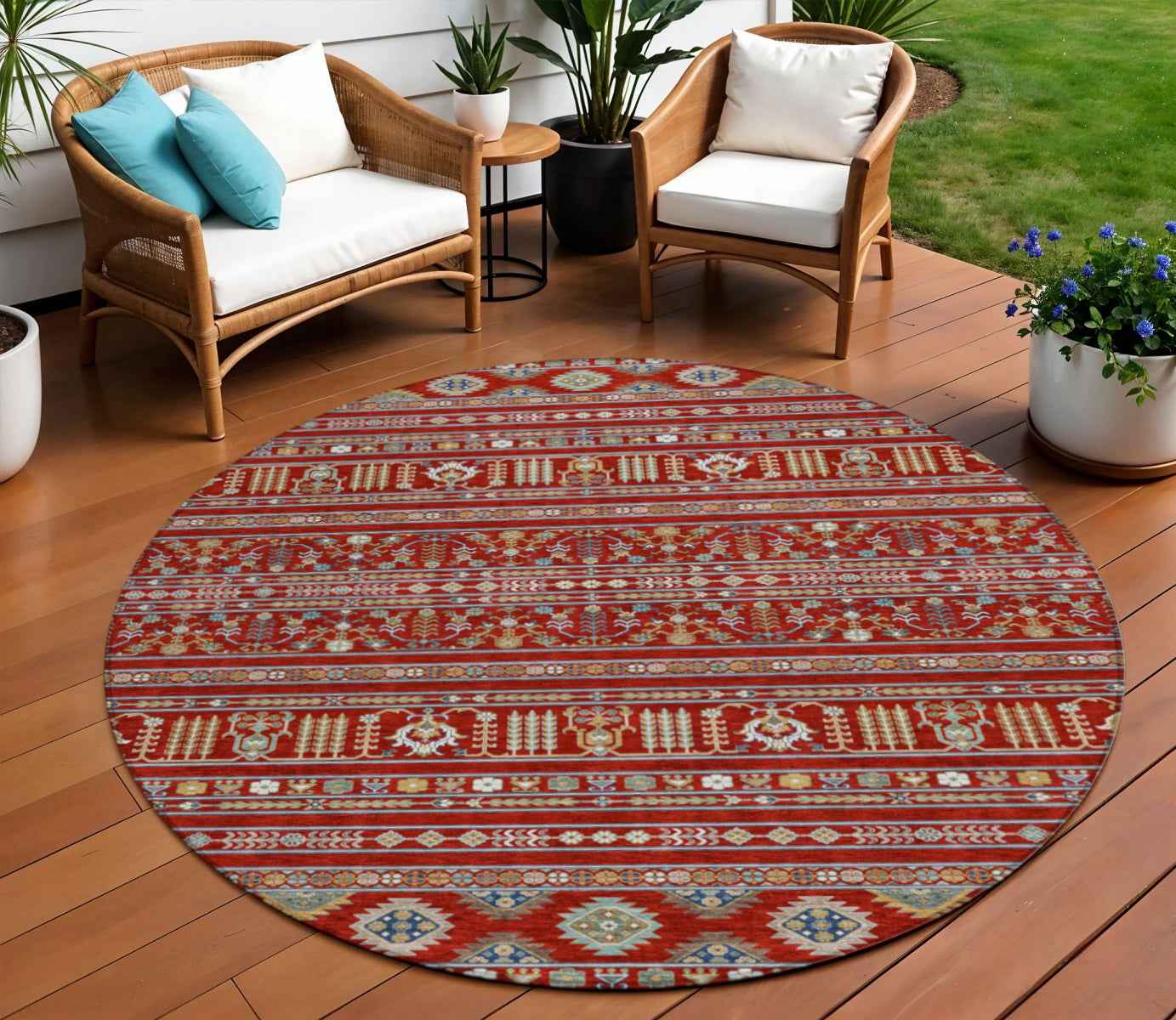 8' Red Gold And Blue Round Tribal Washable Indoor Outdoor Area Rug