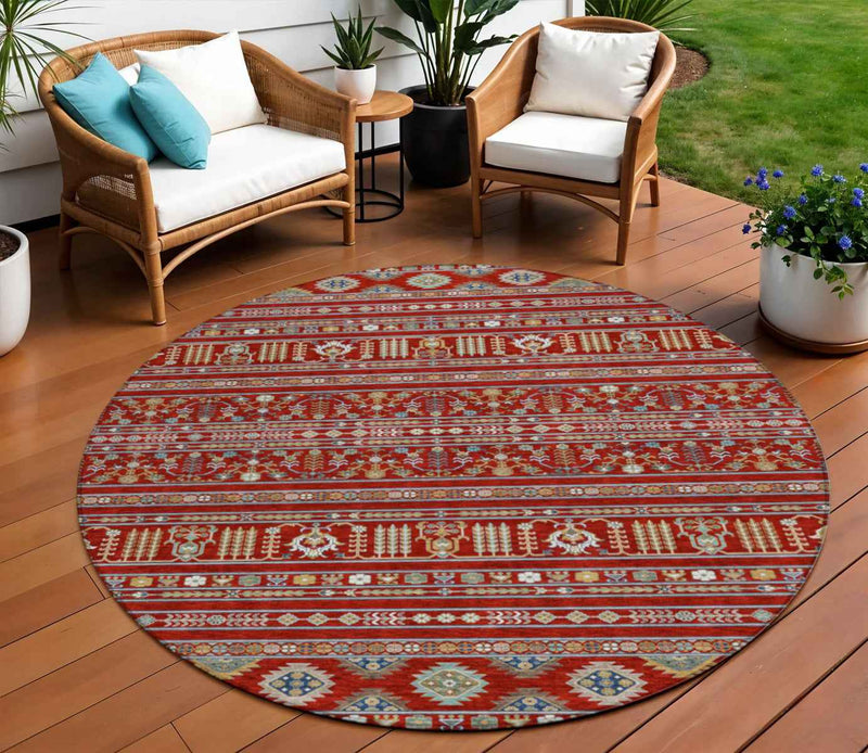 8' Red Gold And Blue Round Tribal Washable Indoor Outdoor Area Rug