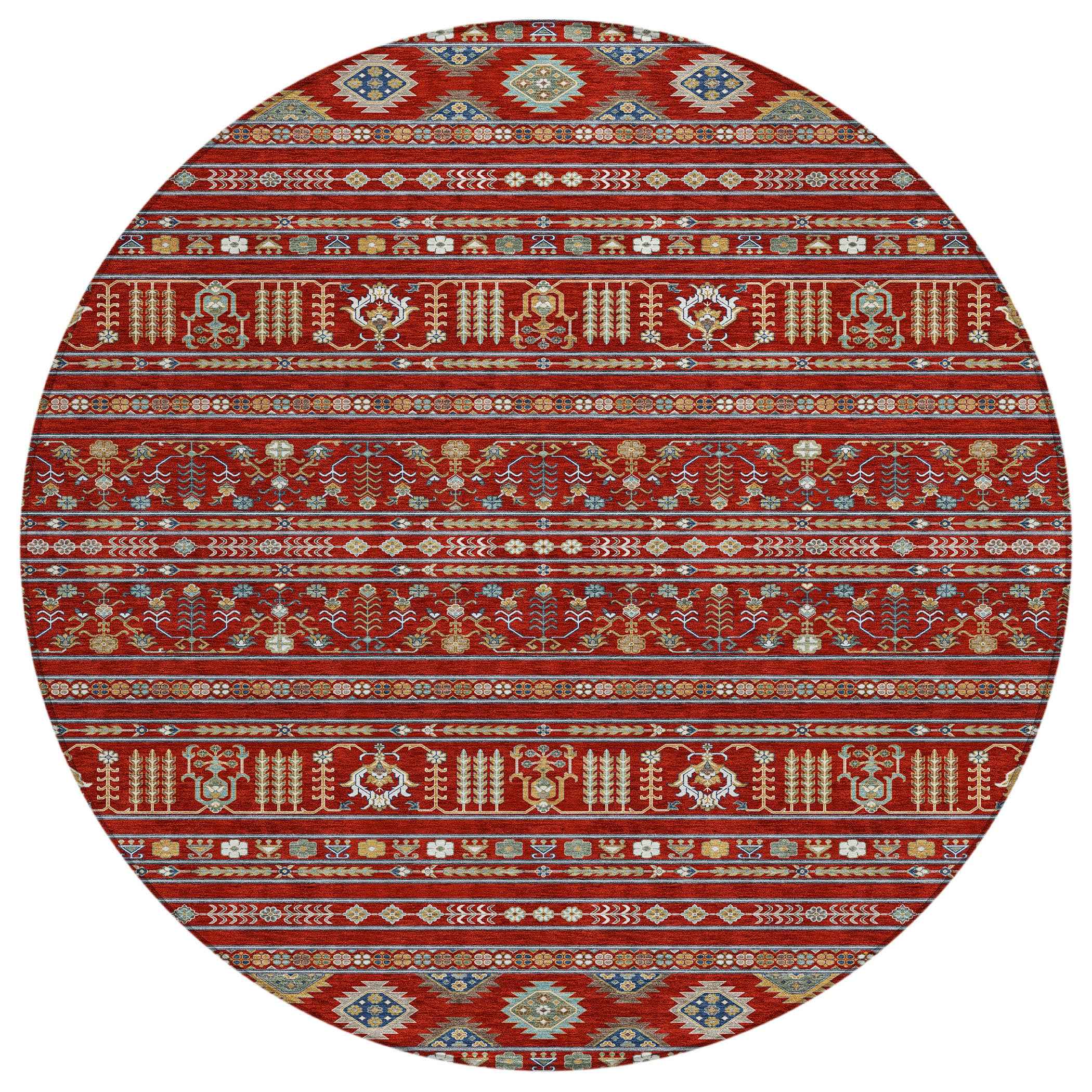 8' Red Gold And Blue Round Tribal Washable Indoor Outdoor Area Rug