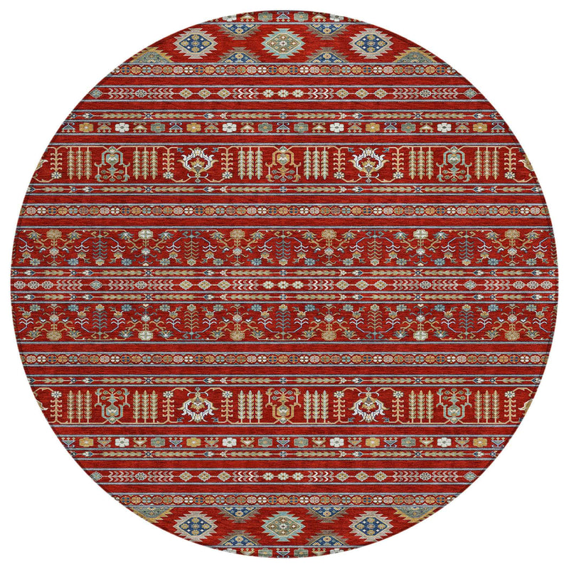 8' Red Gold And Blue Round Tribal Washable Indoor Outdoor Area Rug