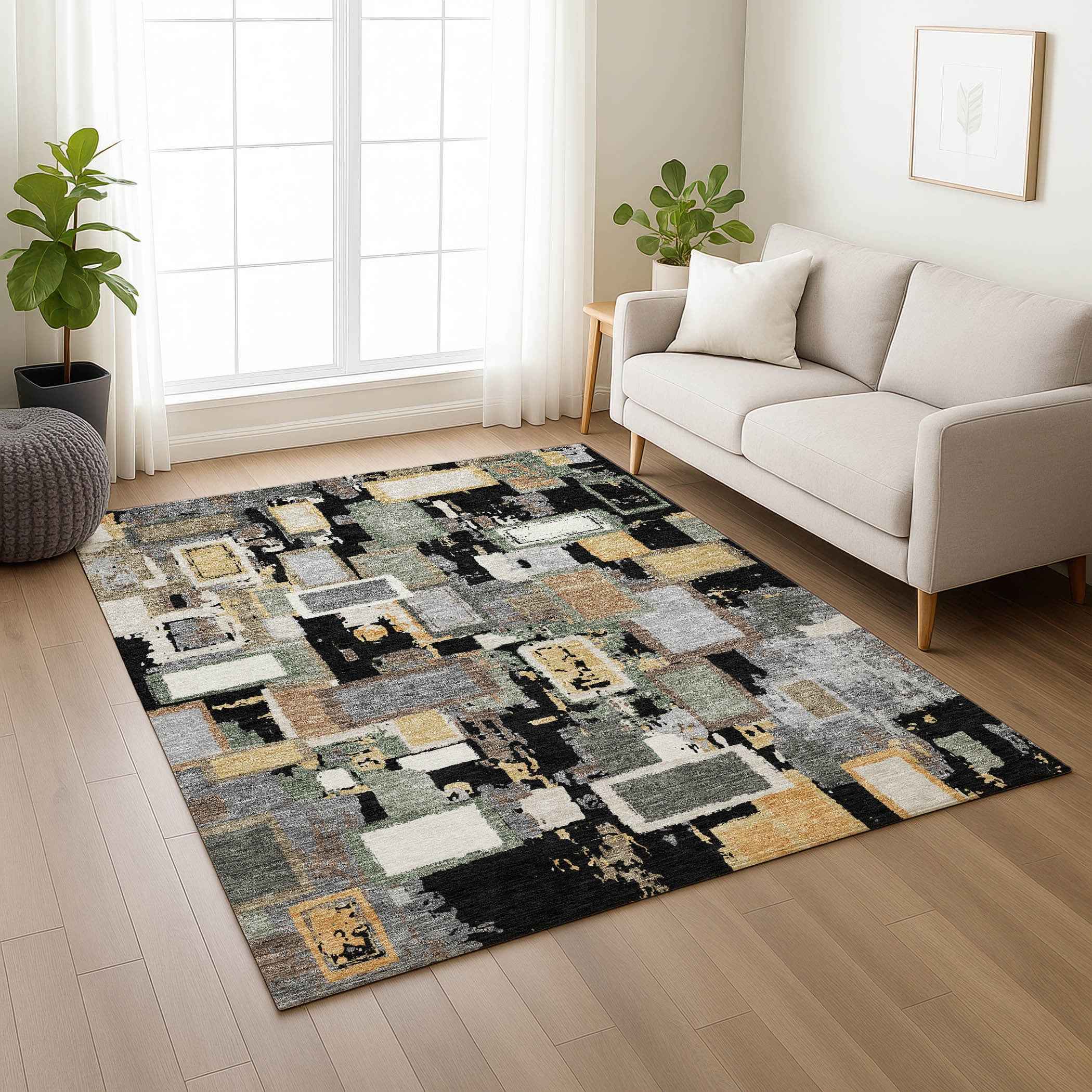 8' X 10' Black Gold And Ivory Geometric Washable Indoor Outdoor Area Rug
