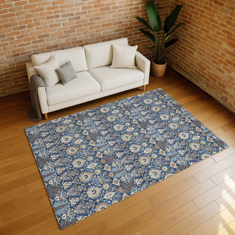 8' X 10' Navy Blue And Ivory Floral Washable Indoor Outdoor Area Rug