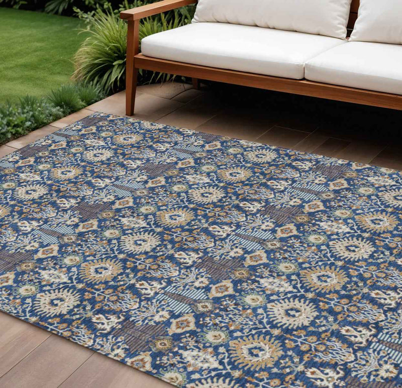 8' X 10' Navy Blue And Ivory Floral Washable Indoor Outdoor Area Rug