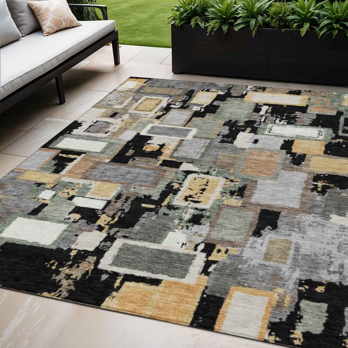 5' X 8' Black Gold And Ivory Geometric Washable Indoor Outdoor Area Rug
