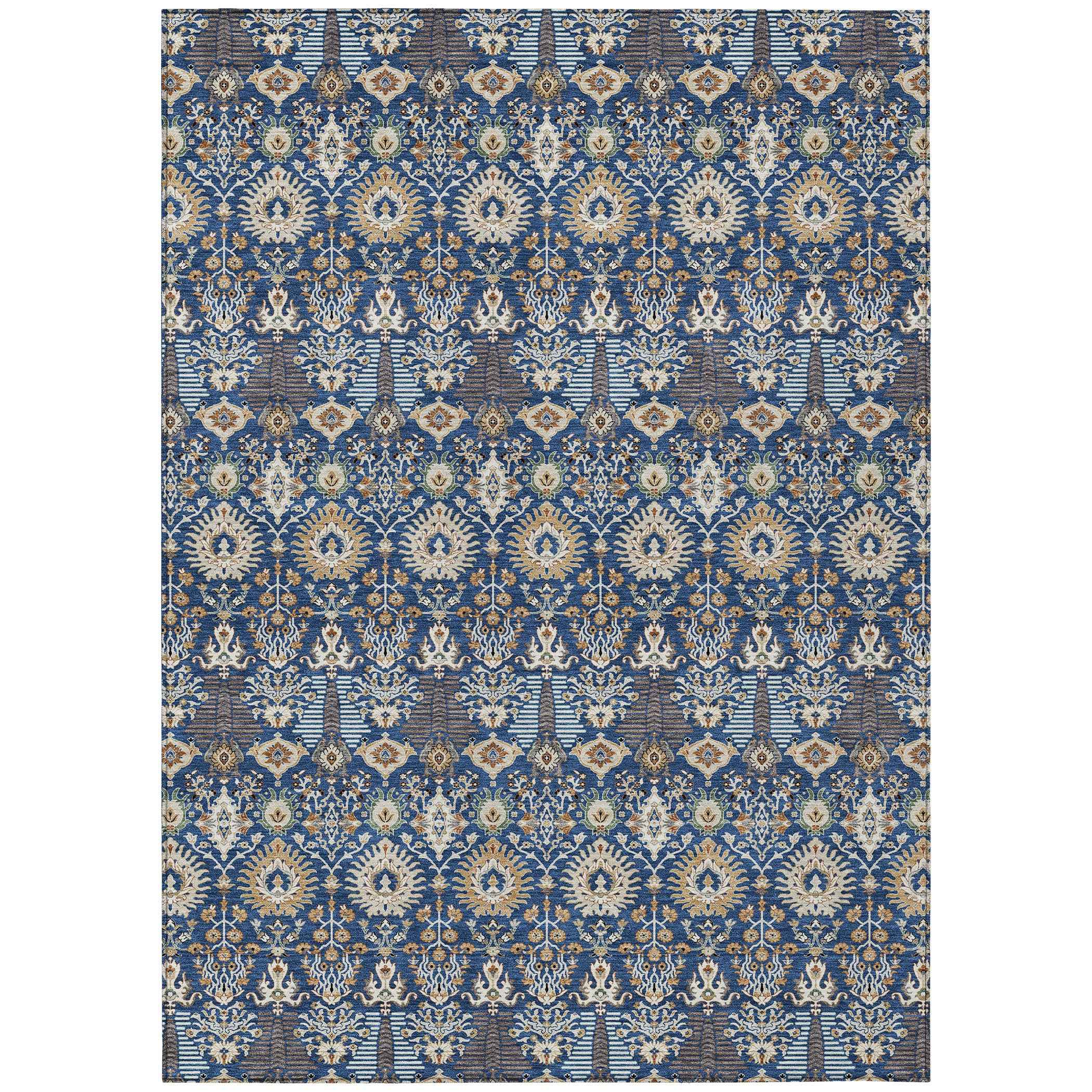 8' X 10' Navy Blue And Ivory Floral Washable Indoor Outdoor Area Rug