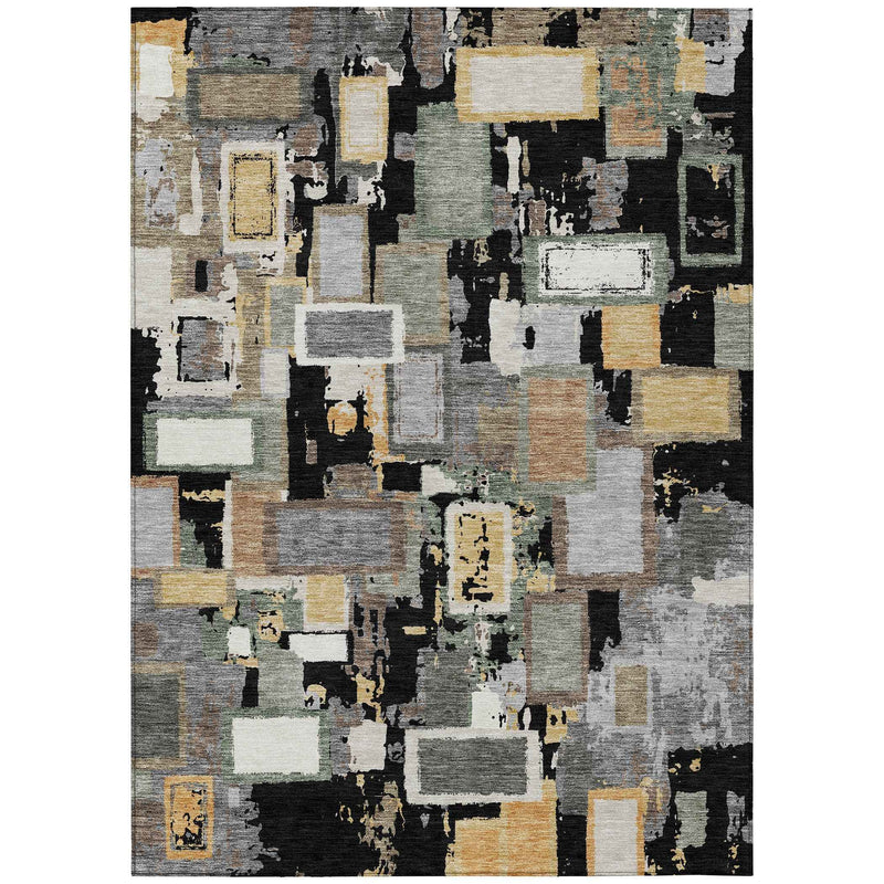 5' X 8' Black Gold And Ivory Geometric Washable Indoor Outdoor Area Rug