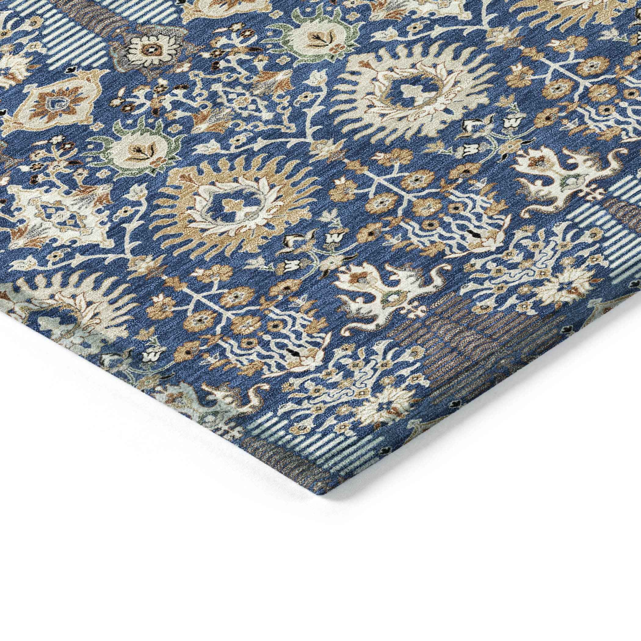 8' X 10' Navy Blue And Ivory Floral Washable Indoor Outdoor Area Rug
