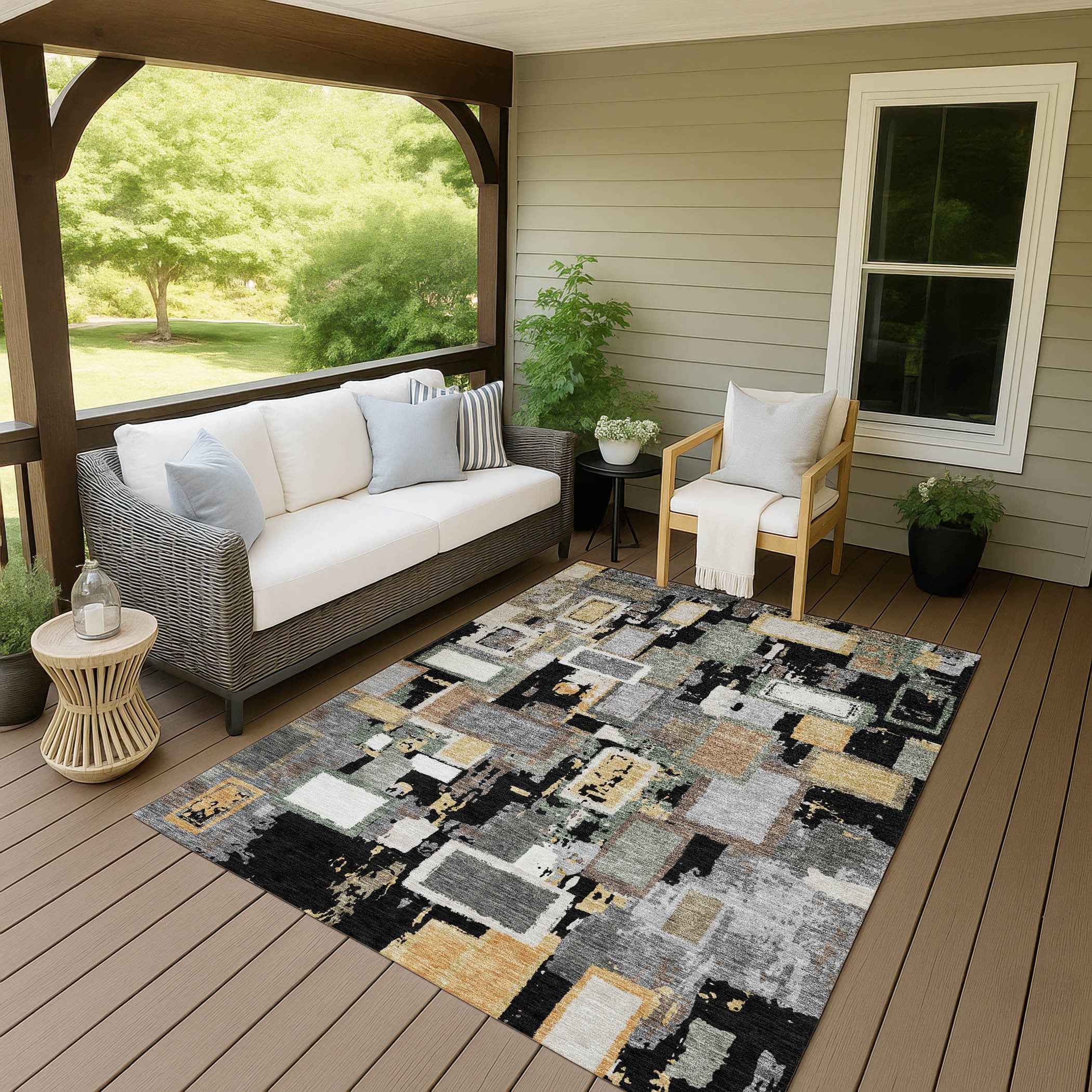5' X 8' Black Gold And Ivory Geometric Washable Indoor Outdoor Area Rug