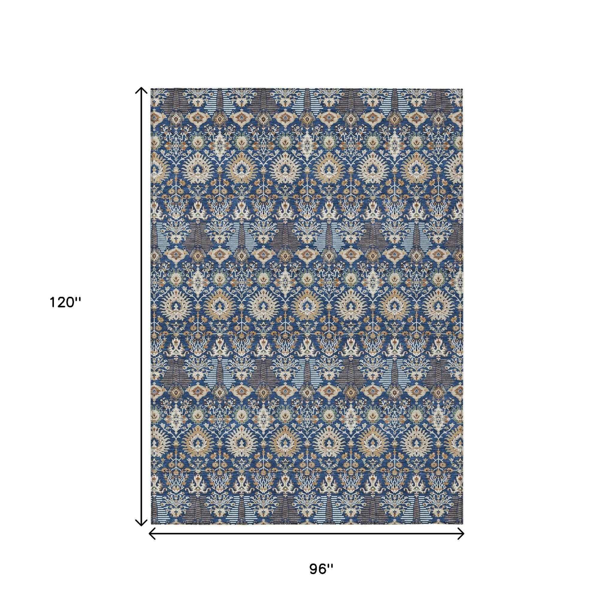 8' X 10' Navy Blue And Ivory Floral Washable Indoor Outdoor Area Rug