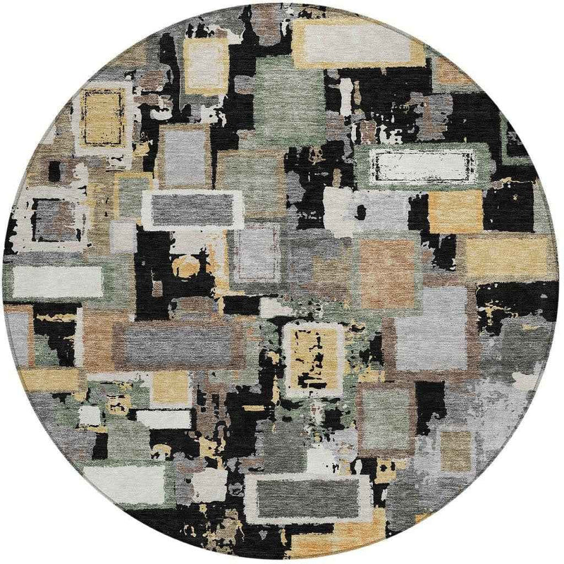 8' Black Gold And Ivory Round Geometric Washable Indoor Outdoor Area Rug