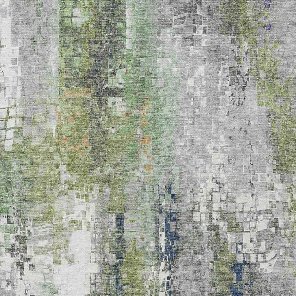 3' X 5' Artichoke Green Ivory And Purple Abstract Washable Indoor Outdoor Area Rug