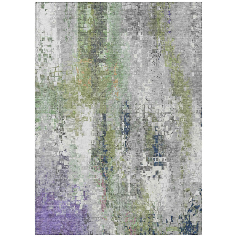 3' X 5' Artichoke Green Ivory And Purple Abstract Washable Indoor Outdoor Area Rug